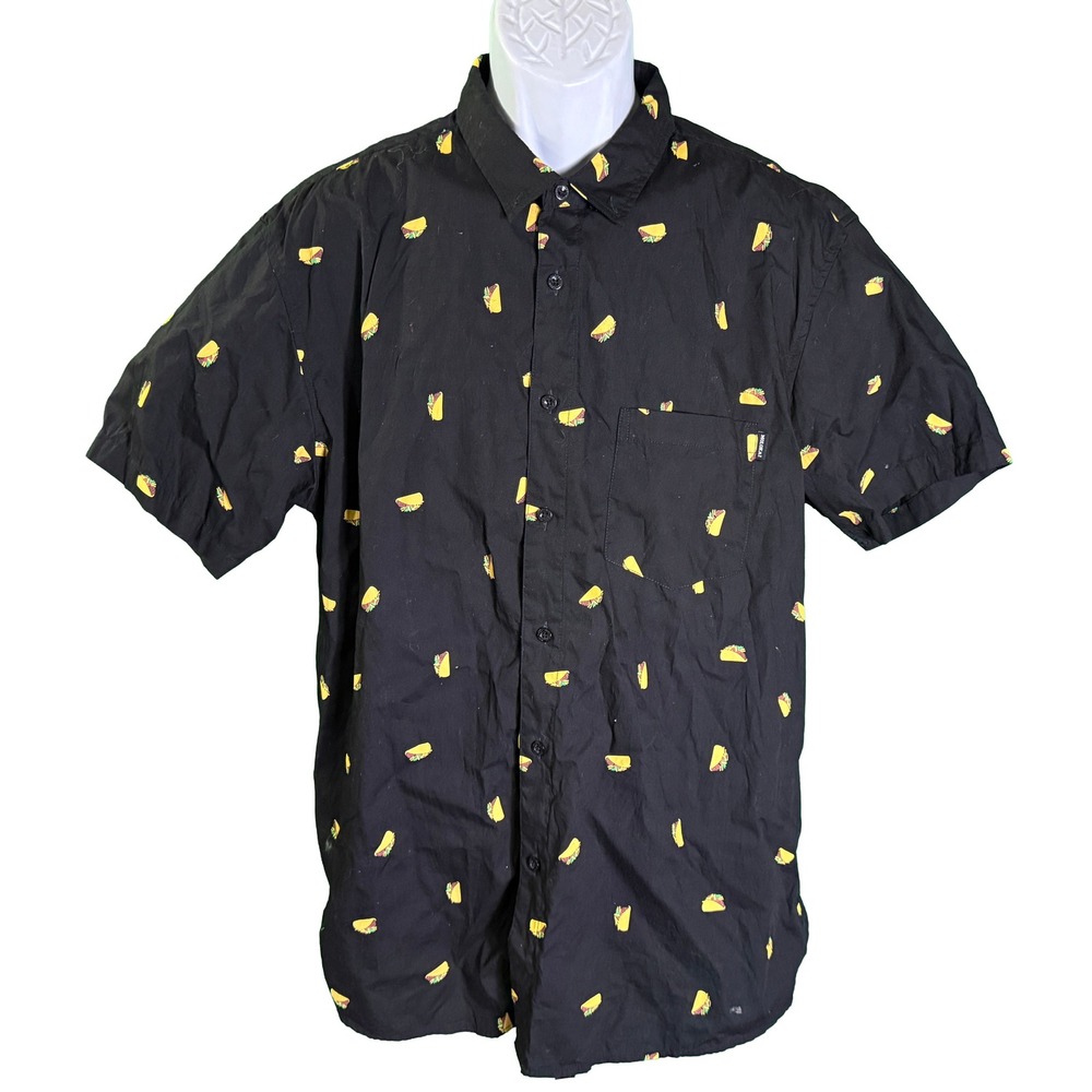Molokai Surf Co Button Down Mens XL Black Taco Print Short Sleeve Shirt